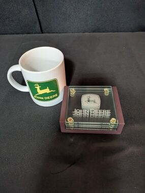 Vintage John Deere Coffee Mug & Etched Glass Coaster Set with Wooden Holder